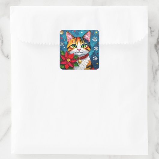 Calico Cat, Poinsettias and Snowflakes Christmas Vierkante Sticker (Tas)