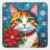 Calico Cat, Poinsettias and Snowflakes Christmas Vierkante Sticker (Voorkant)