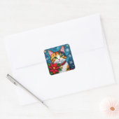 Calico Cat, Poinsettias and Snowflakes Christmas Vierkante Sticker (Envelop)