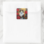 Calico Cat, Poinsettias Red and Gold Christmas Vierkante Sticker (Tas)