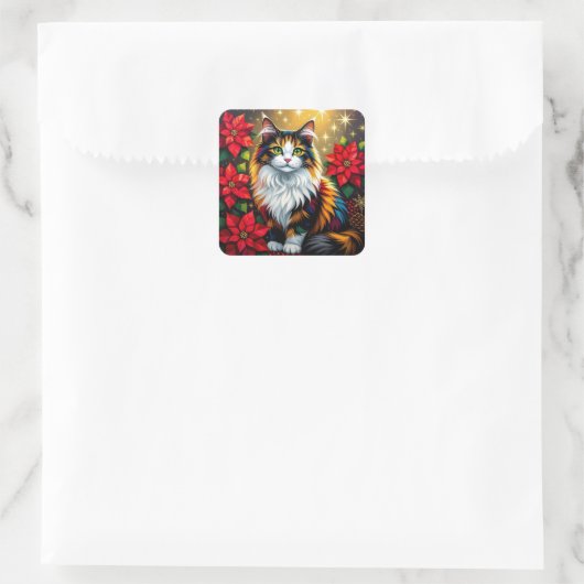 Calico Cat, Poinsettias Red and Gold Christmas Vierkante Sticker (Tas)