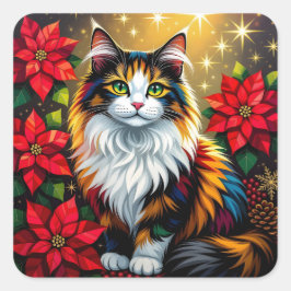 Calico Cat, Poinsettias Red and Gold Christmas Vierkante Sticker