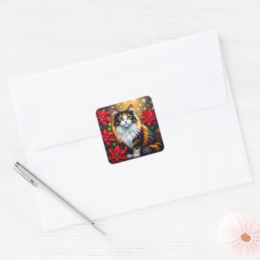 Calico Cat, Poinsettias Red and Gold Christmas Vierkante Sticker (Envelop)