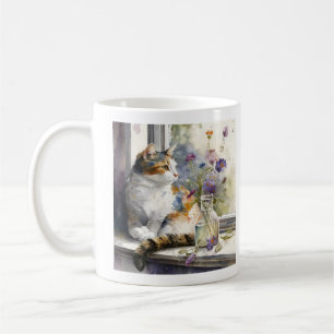Calico Cat Purple Flowers Window Sunlight Koffiemok