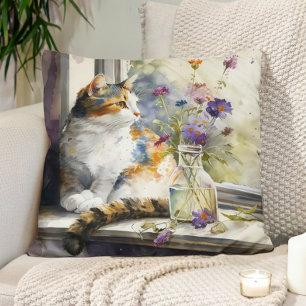 Calico Cat Purple Flowers Window Sunlight Kussen