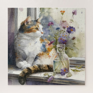 Calico Cat Purple Flowers Window Sunlight Legpuzzel