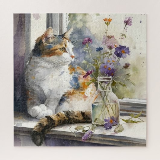 Calico Cat Purple Flowers Window Sunlight Legpuzzel (Verticaal)
