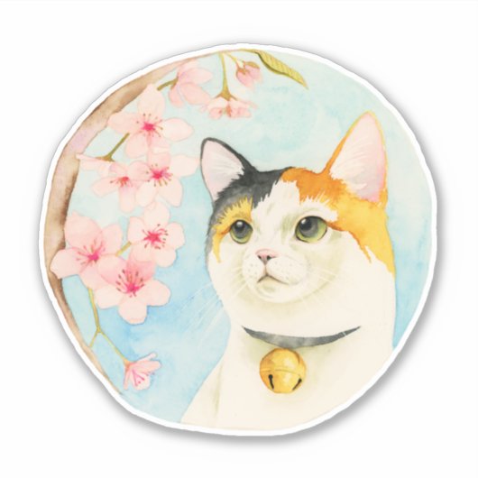 Calico Cat Sakura Cherry Blossom Sticker (Voorkant)