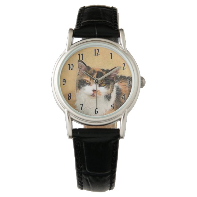 Calico Cat-schildering - Kute Original Cat Art Horloge (Voorkant)