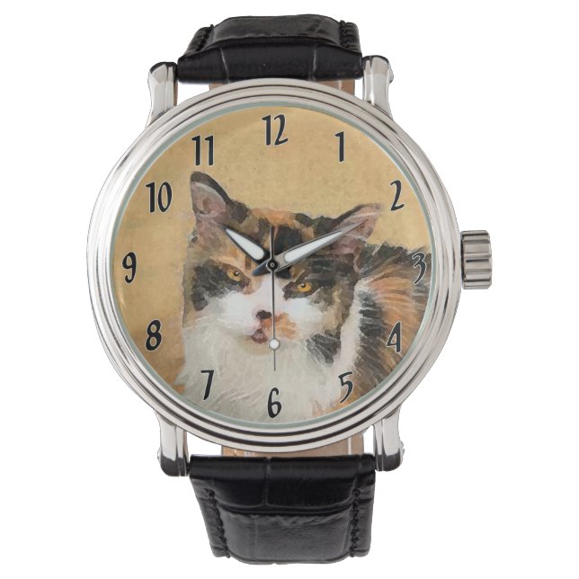Calico Cat-schildering - Kute Original Cat Art Horloge (Voorkant)