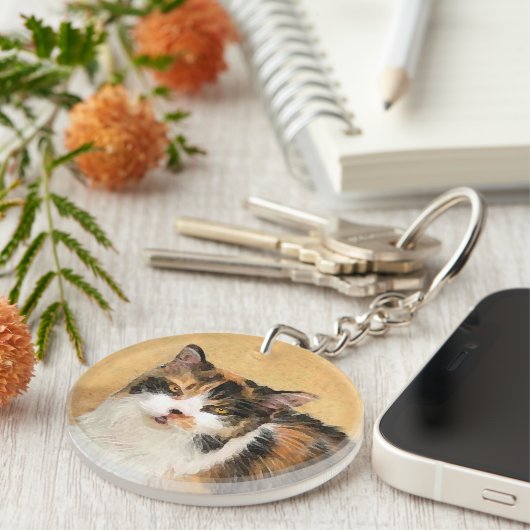 Calico Cat-schildering - Kute Original Cat Art Sleutelhanger (Voorkant Rechts)