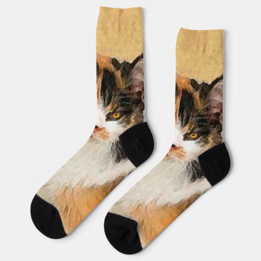 Calico Cat-schildering - Kute Original Cat Art Sokken (Links)