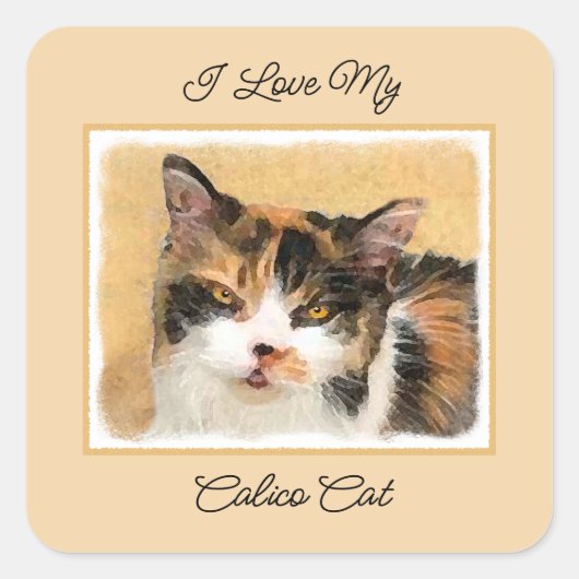 Calico Cat-schildering - Kute Original Cat Art Vierkante Sticker (Voorkant)