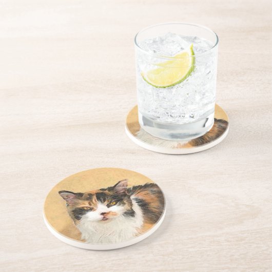 Calico Cat-schildering - Kute Original Cat Art Zandsteen Onderzetter (Zijkant)