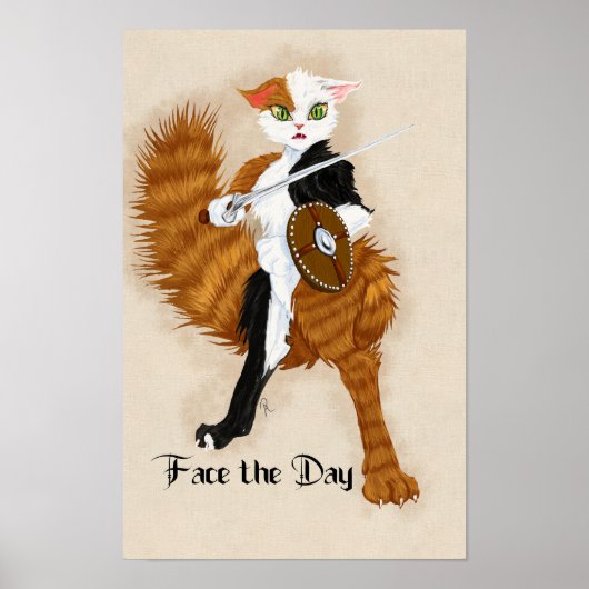 Calico Cat Warrior Grimalkin met Zwaard en Schild Poster (Voorkant)