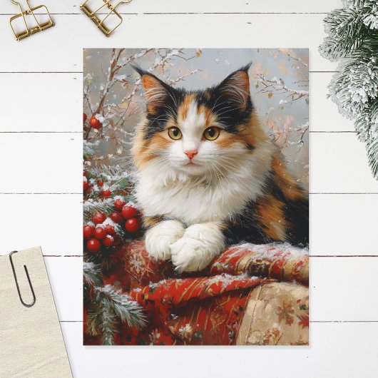Calico Cat Winter Scene Schilderij Briefkaart
