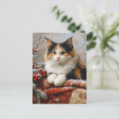 Calico Cat Winter Scene Schilderij Briefkaart (Staand voorkant)