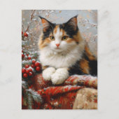 Calico Cat Winter Scene Schilderij Briefkaart (Voorkant)