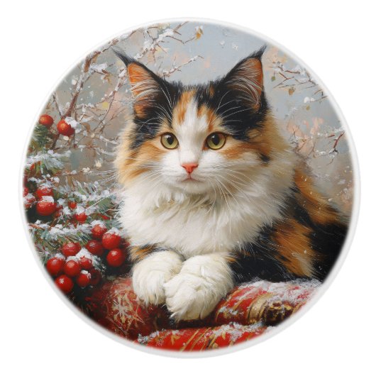 Calico Cat Winter Scene Schilderij Keramische Knop (Voorkant)