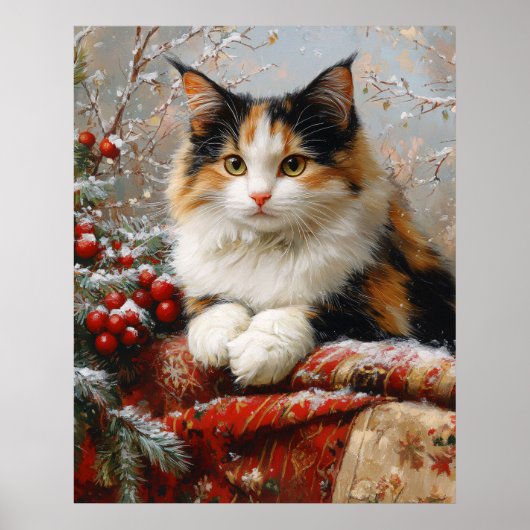Calico Cat Winter Scene Schilderij Poster (Voorkant)