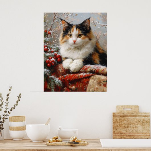 Calico Cat Winter Scene Schilderij Poster (Keuken)