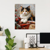 Calico Cat Winter Scene Schilderij Poster (Thuiskantoor)