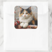 Calico Cat Winter Scene Schilderij Vierkante Sticker (Tas)
