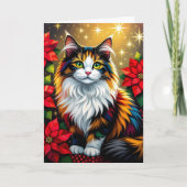 Calico Cat with Poinsettias Custom Christmas Feestdagen Kaart (Voorkant)