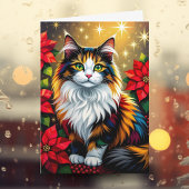 Calico Cat with Poinsettias Custom Christmas Feestdagen Kaart