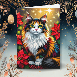 Calico Cat with Poinsettias Custom Christmas Feestdagen Kaart