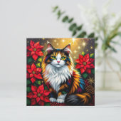 Calico Cat with Poinsettias Custom Christmas Feestdagenkaart (Staand voorkant)