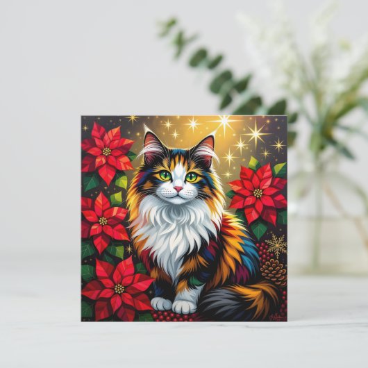 Calico Cat with Poinsettias Custom Christmas Feestdagenkaart (Staand voorkant)