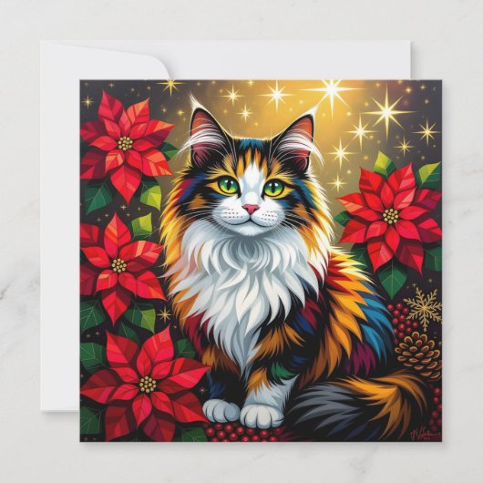 Calico Cat with Poinsettias Custom Christmas Feestdagenkaart (Voorkant)