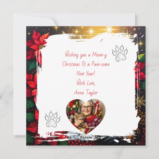 Calico Cat with Poinsettias Custom Christmas Feestdagenkaart (Achterkant)