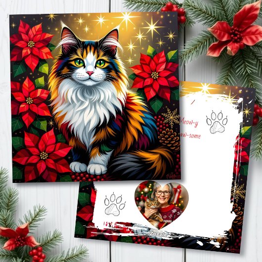 Calico Cat with Poinsettias Custom Christmas Feestdagenkaart