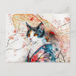 Calico Geisha Cat met rode paraplu in Chinese inkt Briefkaart