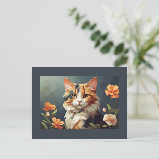 Calico kat en bloemen briefkaart (Staand voorkant)
