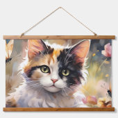 Calico Kat en Vlinders in de voorjaarstuin Hangend Wandkleed (Voorkant)