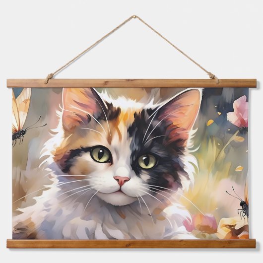Calico Kat en Vlinders in de voorjaarstuin Hangend Wandkleed (Voorkant)