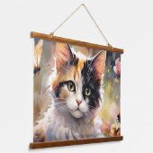 Calico Kat en Vlinders in de voorjaarstuin Hangend Wandkleed (Gebogen)