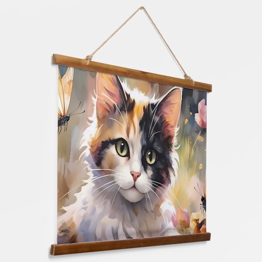 Calico Kat en Vlinders in de voorjaarstuin Hangend Wandkleed (Gebogen)