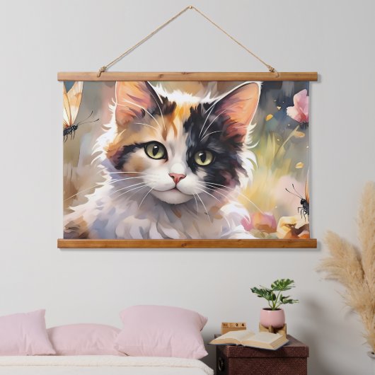 Calico Kat en Vlinders in de voorjaarstuin Hangend Wandkleed (Slaapkamer)
