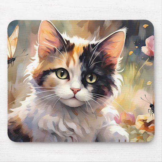 Calico Kat en Vlinders in de voorjaarstuin Muismat (Voorkant)