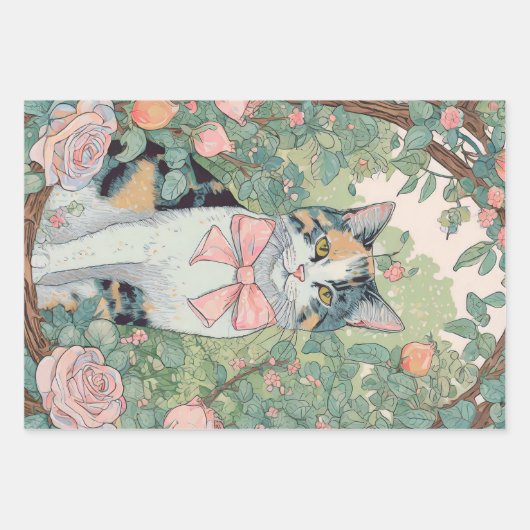 Calico kat in de tuin met bloemen inpakpapier vel (Voorkant 2)