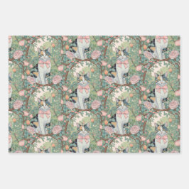 Calico kat in de tuin met bloemen inpakpapier vel