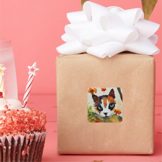 Calico-kat in de tuin vierkante sticker (Feest)