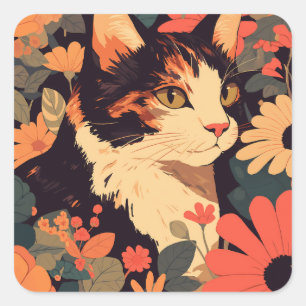 Calico Kat met Bloemen Japanse Esthetiek Vierkante Sticker