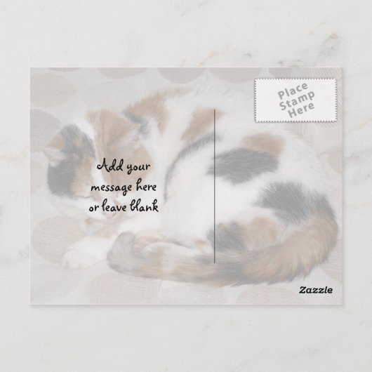 Calico-kat op bed briefkaart (Achterkant)