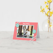 Calico kat op foto van koraal turquoise kaart (Gele Bloem)