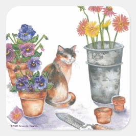 Calico Kat Pansies Daisies Waterverf "Don Juan" Vierkante Sticker